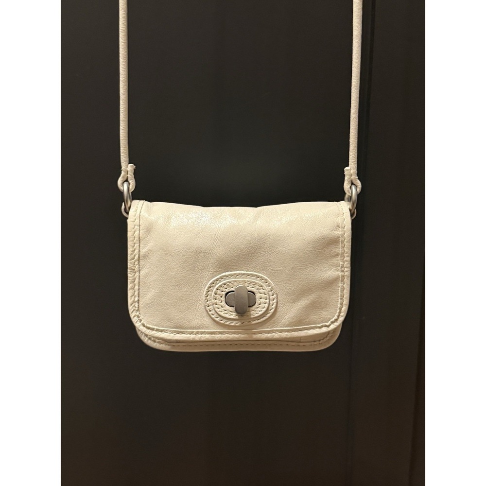 FOSSIL Cream/Ivory Leather Mini Crossbody Small Boho VTG Purse Bag Turnlock